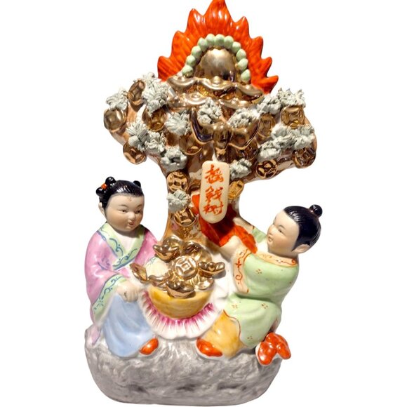 Vintage Antique Chinese Ornate Porcelain Sculpture Boy Girl Gold Tree of Life 13 - Picture 12 of 13